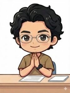 眼鏡をかけた黒髪の男性が、机に向かって両手を合わせている様子のイラスト。茶色いシャツを着用。