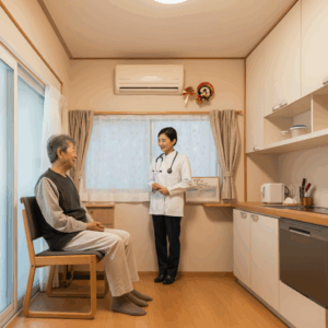 自宅の居間で、医師が患者に向き合い診察を行っている。患者は椅子に座り、医師は聴診器を首にかけ、カルテを手に持っている。背景に窓やエアコン、棚が見える。
