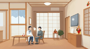 木調の落ち着いた診察室で、医師が患者に向かい合って座り、診察や相談を行っている。窓の外は雪景色で、室内には観葉植物と装飾品が置かれている。