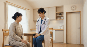 白衣を着た医師が椅子に座る患者の様子を見ながら説明している。木調の家具と窓のある落ち着いた室内環境での診療の様子。