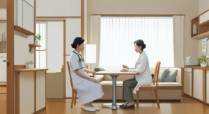 医師が患者の話を聞きながら診療記録を取っている場面。温かみのある木調の診療室で、医師と患者が向き合って座っている。