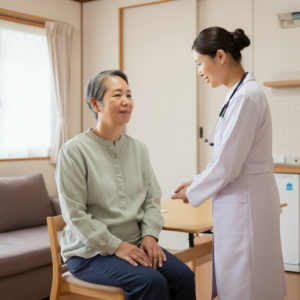 在宅診療室で椅子に座る高齢女性患者と、白衣を着た女性医師が向き合い、温かく会話している場面