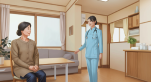 木製家具と観葉植物がある和風の室内で、茶色いセーターを着た中高年女性が灰色のソファに座り、青い医療用ユニフォームを着た看護師が笑顔で向き合っている