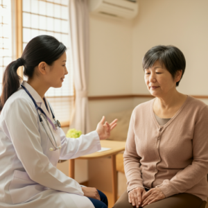 医師が白衣と聴診器を身に付け、中高年女性患者に向かい合いながら説明している様子。明るい室内での対話シーン。