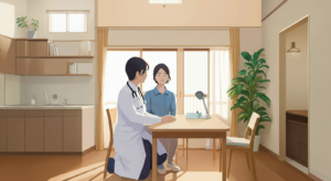 白衣を着た医師が患者の自宅で診察を行っている様子。医師は聴診器を持ち、患者は椅子に座っている。明るく整理された室内。