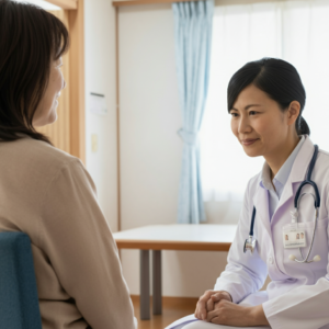 医白衣の医師が患者の女性と向き合い、穏やかな表情で対話している診察室での様子