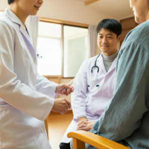 白衣を着た2人の医師が、青灰色のシャツを着た患者と面談している様子。明るい室内で、医師が患者と握手をしている場面。