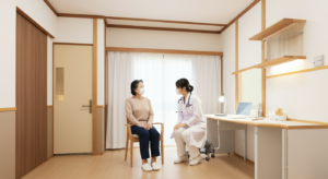 医師が患者と向き合って説話している様子。患者は椅子に座り、医師は白衣を着てメモを取りながら診察している。明るい木調の診察室で、窓からの採光がある。