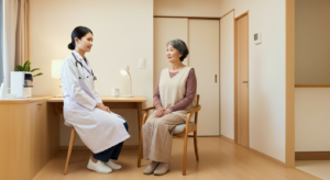白衣を着た医師が聴診器を持ち、茶色いセーターを着た高齢女性と向かい合って座っている訪問診療の診察室