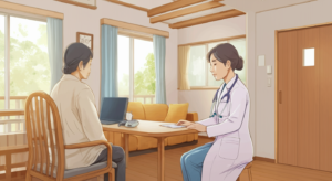 明るいリビングでイラスト風に描かれた医師と患者が向き合い、医師が患者の話を聞きながら記録している場面。医師は聴診器を首にかけ、デスクには診療記録とノートパソコンがある。