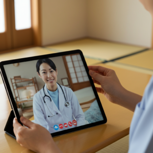 タブレット端末の画面に医師が映っており、聴診器を首にかけた医療従事者がビデオ通話で診療を受けている場面