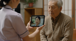 自宅で高齢男性患者がいる部屋で、看護師がタブレット画面に映る医師の顔を患者に見せながら説明している状況