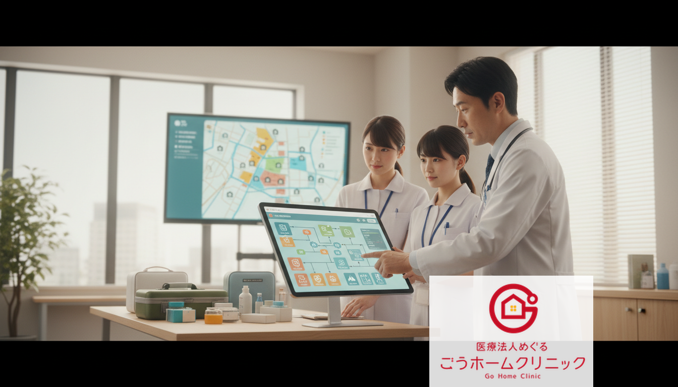 医療スタッフ3名がタブレット端末を操作しながら、背後のディスプレイに表示されたマップを確認している様子