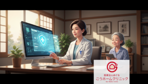 医療用ホームクリニックのロゴが表示されたデスク。白衣の医師が医療関連のデータが表示されたモニターを指し示しており、隣に年配の患者または職員が座っている。背景に観葉植物と額装された掛け軸がある。