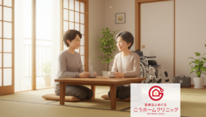 日本家屋の和室で、木製の低いテーブルに向かい合って座る二人の女性。左側の女性が説明をしており、右側の女性が聞いている。背景に観葉植物、医療機器、窓から自然光が入る。