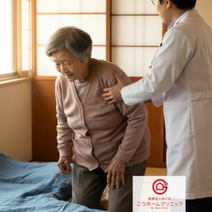 白衣を着た医師が、茶色いセーターを着た高齢女性の腕を支えながら、ベッドの側で立つ姿勢をサポートしている場面。背景は和室。