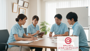 ライトブルーの制服を着た4人の職員が机に着座し、タブレットと書類を参照しながら打ち合わせをしている様子。白いホワイトボードと観葉植物がある明るい室内。