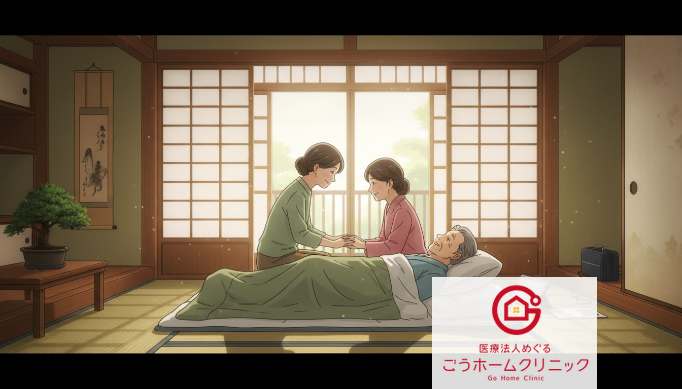 ベッドに横たわる高齢患者の手を握り、患者と向き合って話を聞く医療従事者と家族の様子。和風の落ち着いた室内環境。