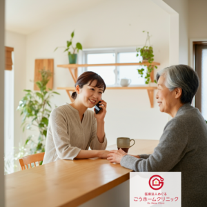 木製のテーブルで向かい合う若い女性と高齢女性。女性は電話を持ち、高齢者は温かい飲み物を持っている。背景には観葉植物と木製の棚がある明るい室内。