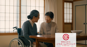 車椅子に乗った女性と向かい合う女性が、木製のテーブルを挟んで笑顔で会話している。背景は和風の窓とふすまがある居間。
