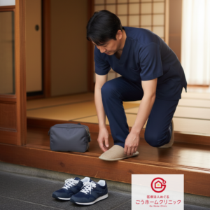 紺色の医療用スクラブを着た医療従事者が、患者宅の玄関で靴を脱ぎ、スリッパに履き替えようとしている場面。医療バッグが側に置かれている。