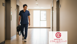 紺色のスクラブを着た医師が廊下を歩きながら、片手に診療バッグを持っている。背後には窓と複数のドアが見える。