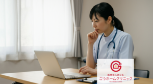 聴診器を首にかけた医師が、デスクのパソコンを操作しながら考えている姿。窓からの自然光が入る診療室内での場面。