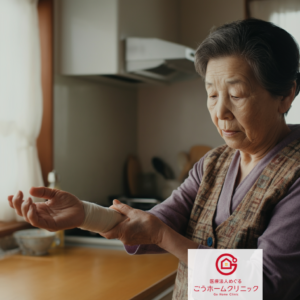 白い包帯を巻いた腕を確認する高齢女性。リビングで椅子に座り、テーブルの上には食事が置かれている。