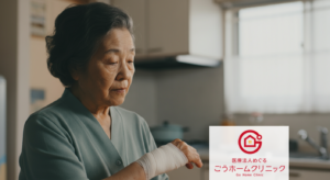 自宅で左腕の包帯を確認する高齢女性。リビング背景。医療法人めぐるごうホームクリニックロゴ表示。