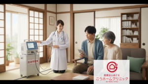 医師が患者宅でポータブルの医療機器を操作しながら説明を行っており、患者とその家族がタブレットを見ながら診察を受けている様子