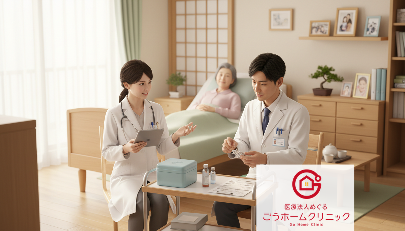 自宅のリビングで患者に対応する医師と看護師。医師が書類を確認し、看護師がタブレットを持って、医療用麻薬の管理に関わる場面。