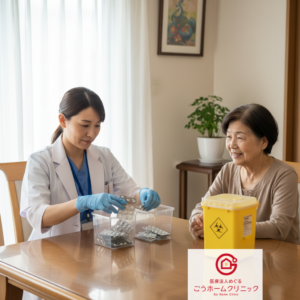 医師が白衣と青い手袋をして、患者に薬と医療廃棄物の管理について説明している。テーブルの上には薬の容器と黄色い医療廃棄物専用容器が置かれている。