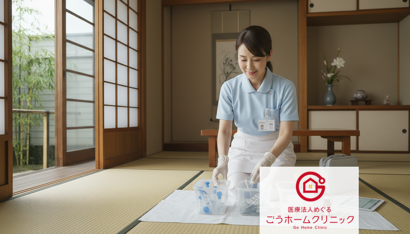 青い看護師用ユニフォームと白いエプロンを着た女性が、畳敷きの和室で医療廃棄物を透明な容器に分別している