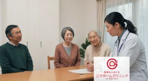 リビングテーブルで、医師と高齢者の夫婦、中年女性が資料を見ながら話し合っている。医師は白衣を着用。背景に観葉植物とカーテンが見える。