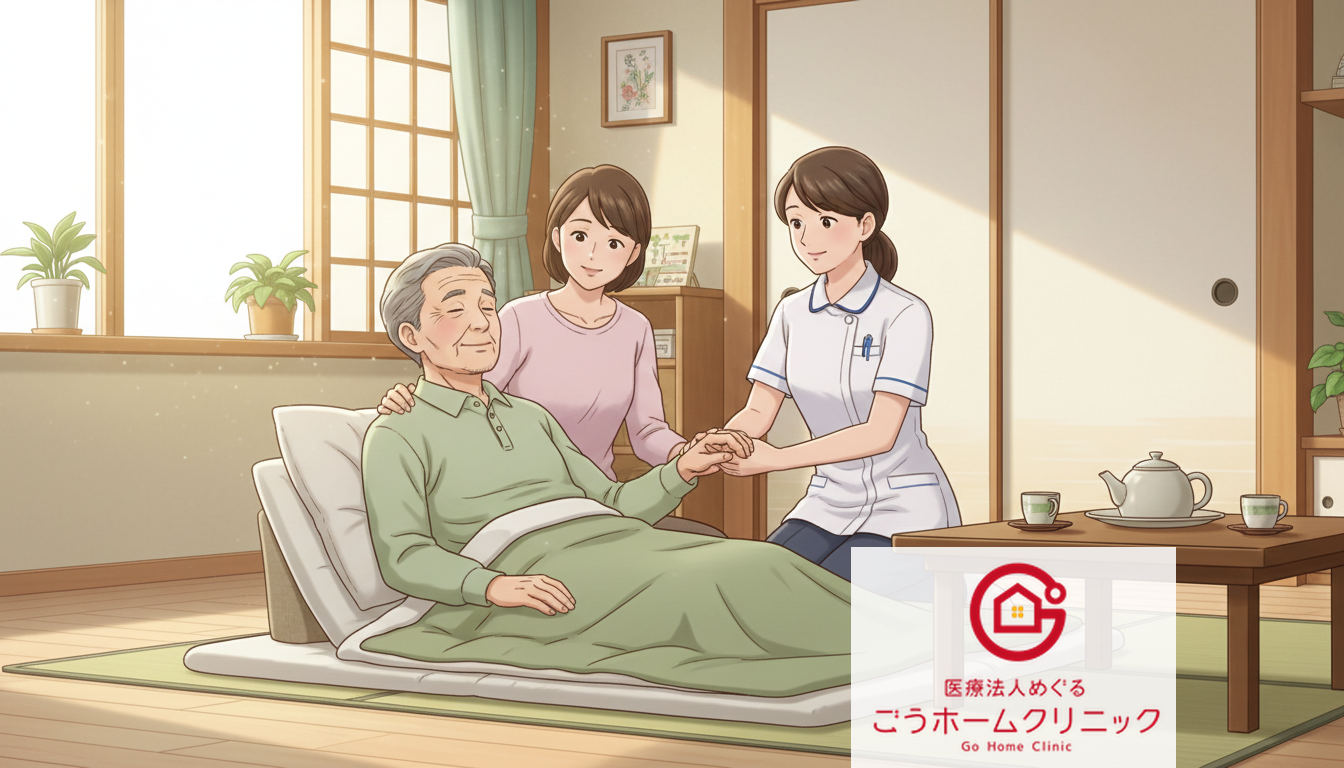 在宅で慢性痛がやわらぎ穏やかに過ごす高齢者と家族・訪問看護師