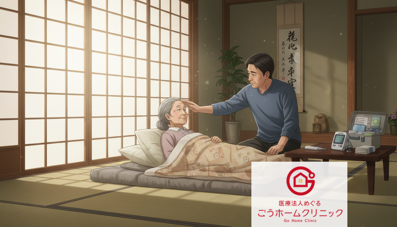 畳の部屋で高齢女性が布団に寝ており、男性医師が額に手を当てて体調を確認している場面。背景に医療機器と漢字の掛軸が見える。