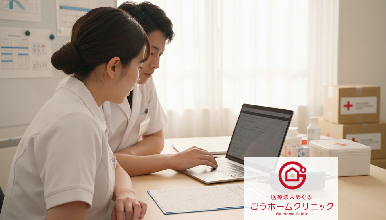 白衣の女性看護師と男性医師が机に座り、ノートパソコンの画面を一緒に確認している。机上には医療用ファイル、消毒液、医療用品が置かれ、背景に医療関連の掲示物が見える。