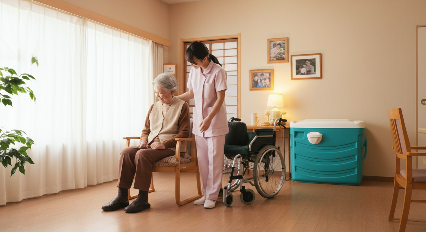 介護職員が高齢者の方に排尿ケアについて説明している様子。室内には車椅子とポータブルトイレが置かれている。