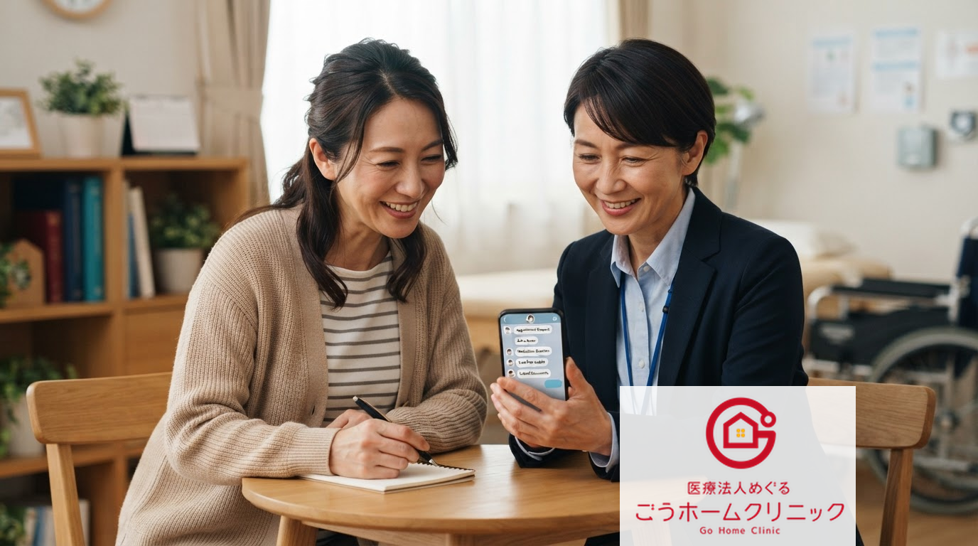 医療従事者と患者がスマートフォンの画面を見ながら相談している。机上にはごうホームクリニックのロゴが置かれている。