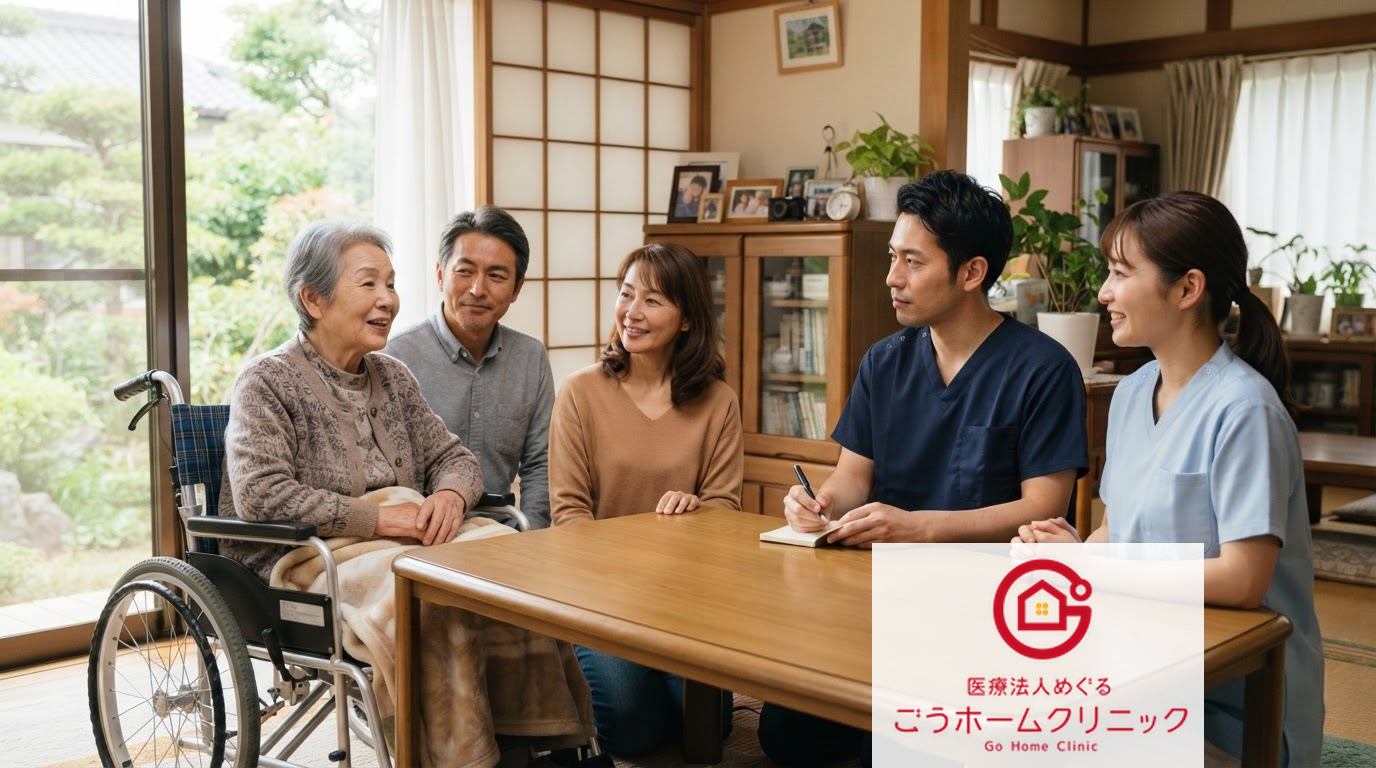 車椅子の高齢女性と家族に向き合う訪問診療の医師と看護師