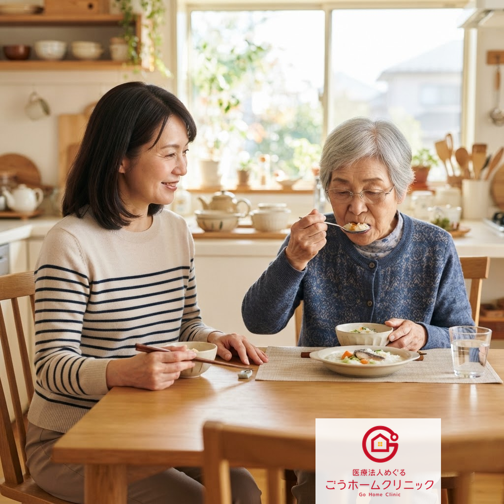 誤嚥を防ぐ食事の姿勢：背筋を伸ばして、やわらかい食事を少しずつ食べる高齢女性と、隣で見守る娘